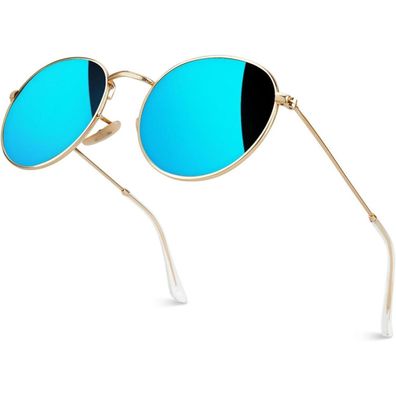 Sonnenbrille Retro Runde Polarisierte Gold Blau (Gespiegelte Linse)