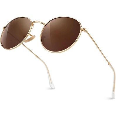 Sonnenbrille Retro Rund Polarisiert UV400 Damen Herren Gold Braun