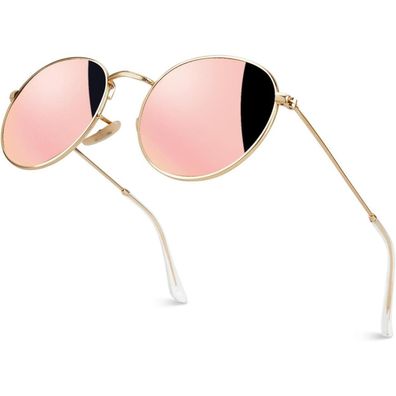 Sonnenbrille Retro Rund Polarisiert Gold Rosa (Gespiegelte Linse)