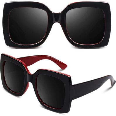 GQUEEN Übergroße Damen Sonnenbrille Quadratisch Retro Vintage UV400, Schwarz-Rot