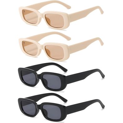 Sonnenbrille Damen Retro 90er Vintage Rechteckig Set 2 Schwarz+2 Beige