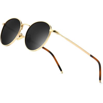 Sonnenbrille Rund Vintage Retro Gold Rahmen Polarisierte Graue Linse
