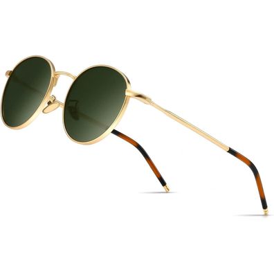 Sonnenbrille Rund Vintage Gold Rahmen Polarisierte Grüne Linse