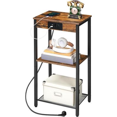 Beistelltisch mit Ladestation 3 Ebenen Nachttisch Vintagebraun Schwarz