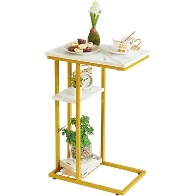 YMYNY Beistelltisch Kaffeetisch C-Form 40x26x61.5 cm Marmormuster Weiß Gold