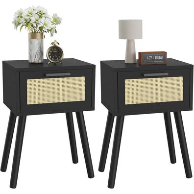 YMYNY Rattan Nachttisch 2er Set Beistelltisch Boho Massivholz 35x27x53 cm
