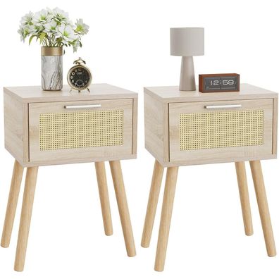 YMYNY Rattan Nachttisch 2er Set Beistelltisch Boho Massivholz 35x27x53 cm