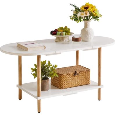 Moderne Ovaler Couchtisch Weiß Holz 2-stufiger Mitteltisch für Wohnzimmer