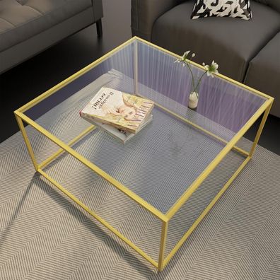 Huhote Couchtisch 67x67 Glas Gold Quadratisch Moderne Sofatisch