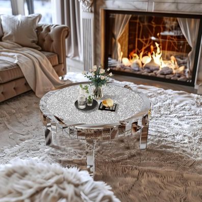 Runder Couchtisch Kristallglas Diamant Silber 80cm Sofatisch Verspiegelt