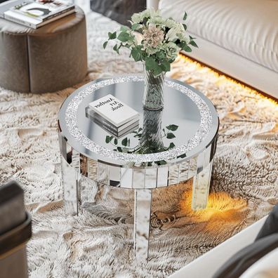 Moderne Runder Silber Glastisch Kristall 60cm Luxus Beistelltisch