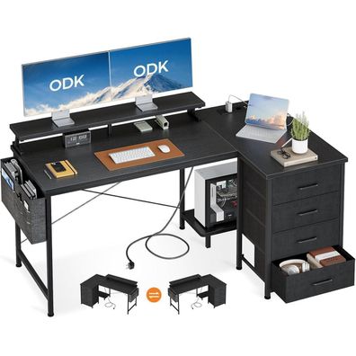 ODK L-förmiger Schreibtisch mit USB-Ladeanschluss, Schwarz 140x80cm