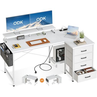 ODK L-förmiger Schreibtisch Eckschreibtisch USB-Ladeanschluss 4 Schubladen 140cm