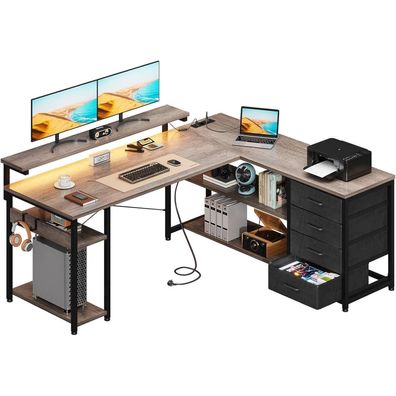 ODK Gaming Schreibtisch L Form LED USB Steckdosen Graueiche