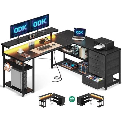 ODK Schreibtisch L Form LED 2 Steckdosen 2 USB 135×110cm Schwarz