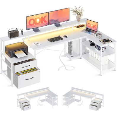 ODK LED Schreibtisch mit USB Steckdosen, Reversibel Groß L-Form Weiß 172.5 cm