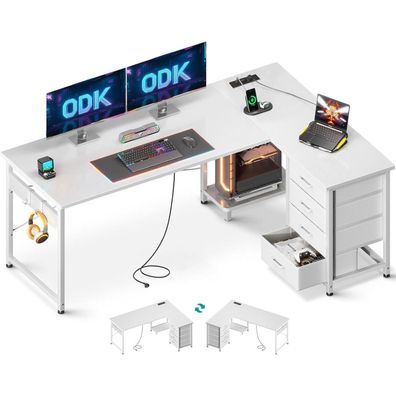 ODK Eckschreibtisch L-Form Weiß mit Schubladen und Steckdosen 155x110 cm
