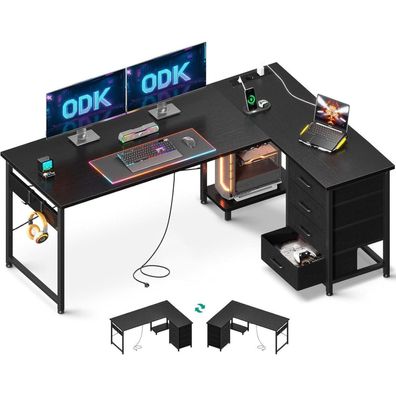 ODK Eckschreibtisch L-Form mit Schubladen und Steckdosen, Schwarz 155x110 cm