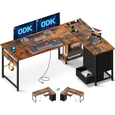 ODK Eckschreibtisch L Form Vintage-Braun 155x110 cm, Schubladen, Steckdosen, USB