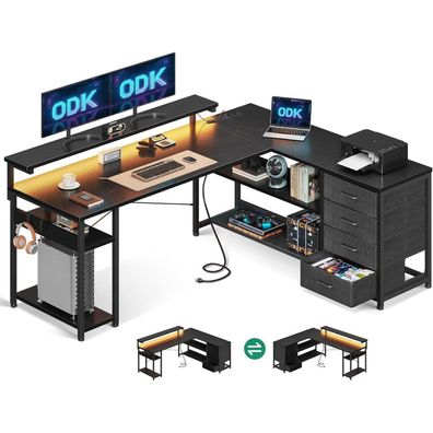 ODK Eckschreibtisch LED 2 Steckdosen 2 USB Ladeanschluss 155x110cm Schwarz