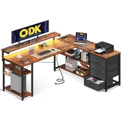 ODK L-Form Schreibtisch LED USB Schubladen 155×110cm Vintage-braun