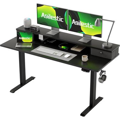 Höhenverstellbarer Schreibtisch 140x60 cm Elektrisch mit 2 Schubladen Schwarz