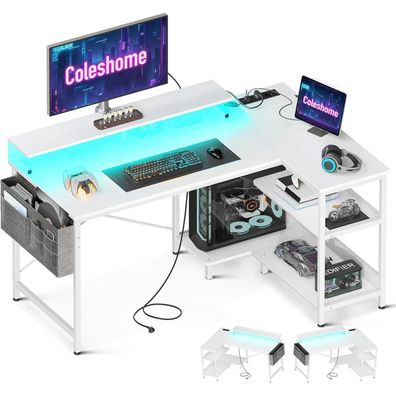 Gaming Schreibtisch L Form LED 120x80cm Eckschreibtisch Weiß mit Regal
