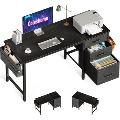 Schreibtisch mit 3 Stoffschubladen und Kopfhörerhalter, Schwarz 120x48cm