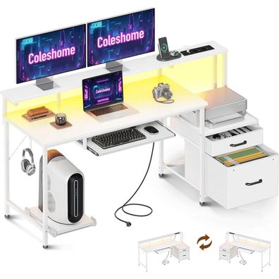 Schreibtisch mit Schubladen 140x48cm Weiß Steckdose USB LED für Büro