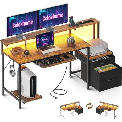 Schreibtisch mit Schubladen 140x48cm LED-Licht Braun