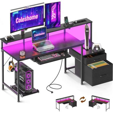 Coleshome Schreibtisch mit Schubladen 140x48cm Schwarz Umkehrbarer Computertisch