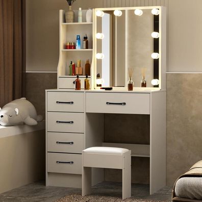 Schminktisch mit LED Beleuchtung Spiegel Hocker Kosmetiktisch 6 Schubladen 6