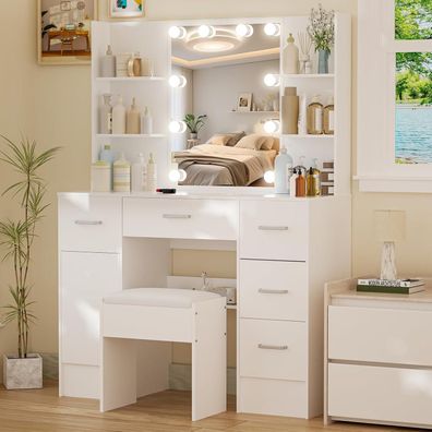 Schminktisch mit LED Beleuchtung Spiegel 6 Schubladen 6 Ablagen Hocker