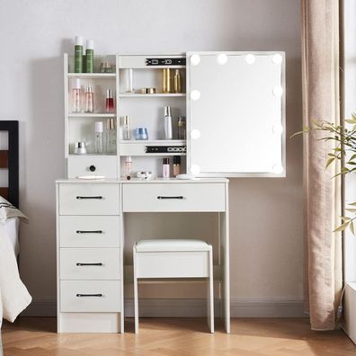 Schminktisch mit Hocker und Spiegel LED Licht 3 Farbtemperaturen 6 Schubladen