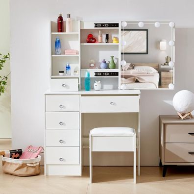 Schminktisch mit LED-Lichtern, Hocker, Spiegel, 6