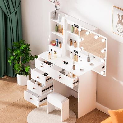 Schminktisch mit LED-Beleuchtung, Schiebespiegel, 6 Schubladen & Regalen, Hocker