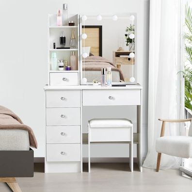 Schminktisch mit Beleuchtung und Hocker, Verstellbare Lichtfarbe, 6 Schubladen