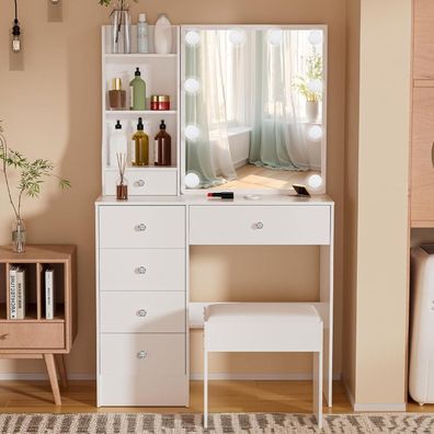 Schminktisch mit LED Beleuchtung, 6 Schubladen, 6 Ablagen, Hocker - 80x36x130cm