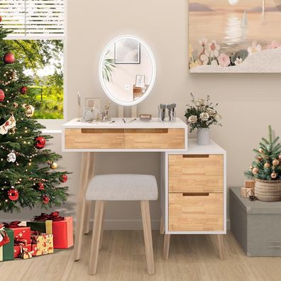 Schminktisch mit LED-Spiegel und Stuhl, 4 Schubladen, Schrank, Kosmetiktisch