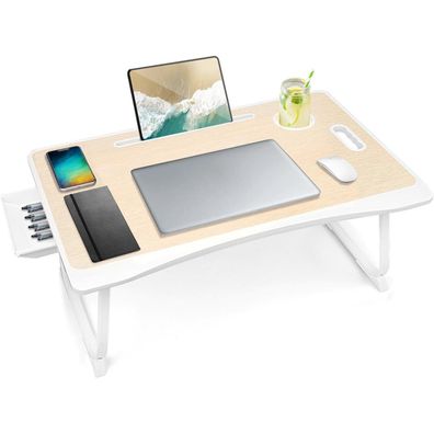 Klappbarer Laptoptisch mit Schublade und Tassenhalter, 60 x 40 cm White Oak