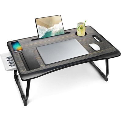 Klappbarer Laptoptisch Betttisch mit Schublade und Tassenhalter Schwarz