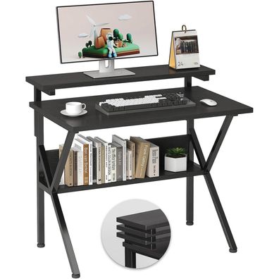 CAIYUN Kleiner Schreibtisch 70 x 48 cm mit Regal, Schwarz Vintage Braun