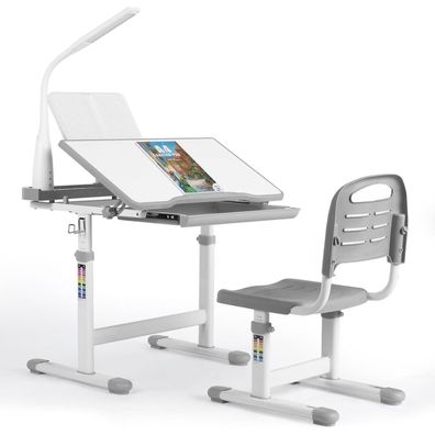 Kinder Schreibtisch Stuhl Set Höhenverstellbar Grau Multifunktional mit Lampe