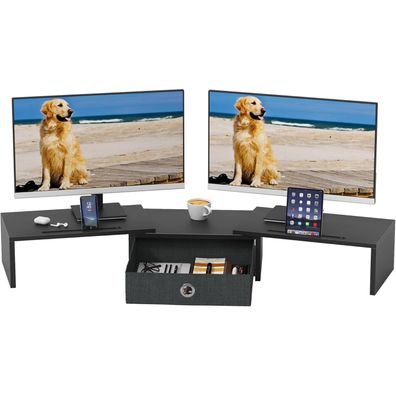 Monitorständer Schreibtisch Schublade Bildschirmerhöhung 2 Monitore Holz 99 x