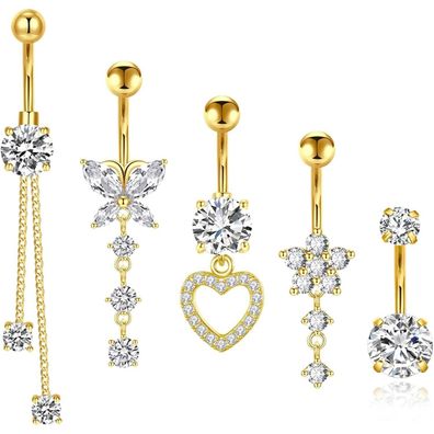 Bauchnabelpiercing Set 5 Styles Herz Blume Schmetterling Dangle Edelstahl 14G