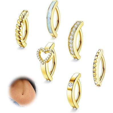 6er Bauchnabelpiercing Set Gold Silber Opal Herz CZ Clicker Belly Piercing