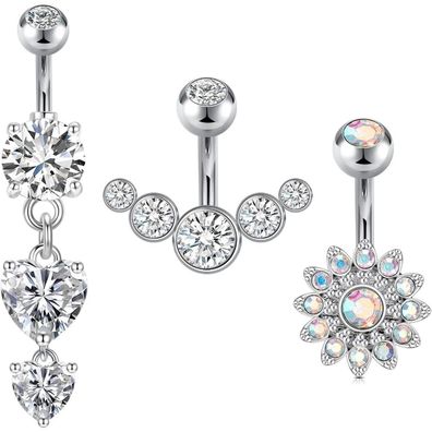 3er Set Bauchnabelpiercing 14G Chirurgenstahl 6mm Silber Herz