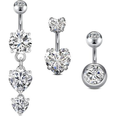 Bauchnabelpiercing 3er Set 14G 6mm Silber Herz Zirkonia 316L Chirurgenstahl
