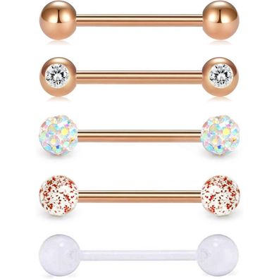 5er Zungenpiercing Set 16mm Barbell 14 Gauge Chirurgenstahl Kunststoff Kugeln