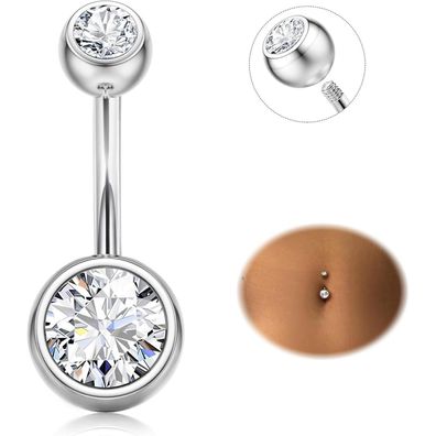 Titan Bauchnabelpiercing G23 mit CZ Silber 14G 8/10/12/14/16mm